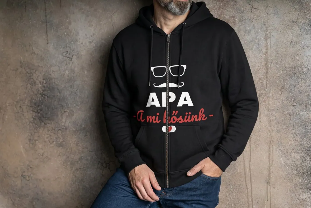 „Apa – a mi hősünk” cipzáros pulóver részletfotó – egyedi, személyre szabott ajándék