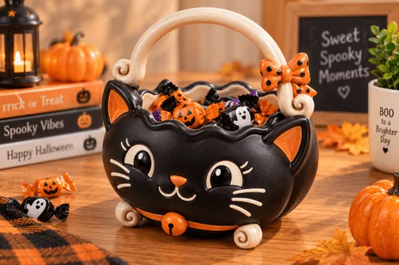 Fekete macskás halloweeni kosár részletfotó – egyedi, személyre szabott ajándék