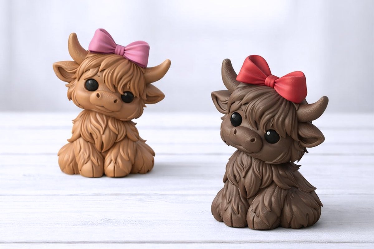 Skót felföldi tehén figura masnival – 3D nyomtatott dekoráció részletfotó – egyedi, személyre szabott ajándék