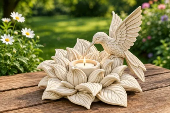 Kolibris lótuszvirág-gyertyatartó részletfotó – egyedi, személyre szabott ajándék