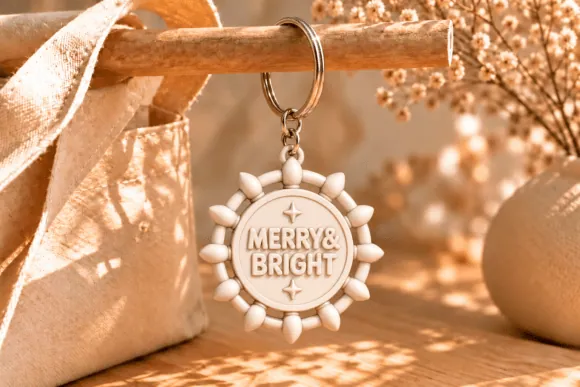 Merry & Bright feliratú karácsonyi kulcstartó részletfotó – egyedi, személyre szabott ajándék